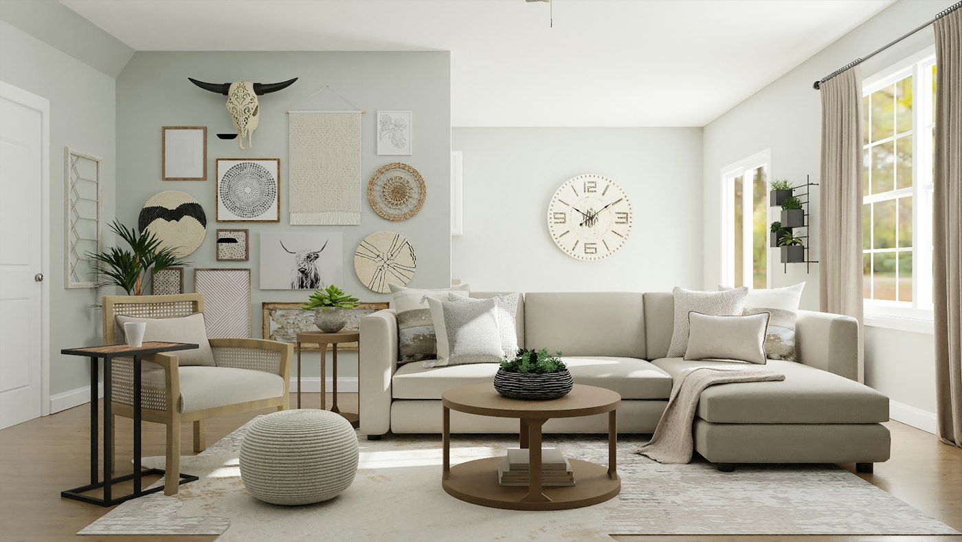 Living room with warm wood, soft sofa and daylight
