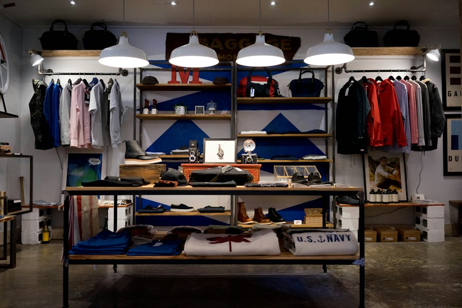 Retail shop interior with clothing display